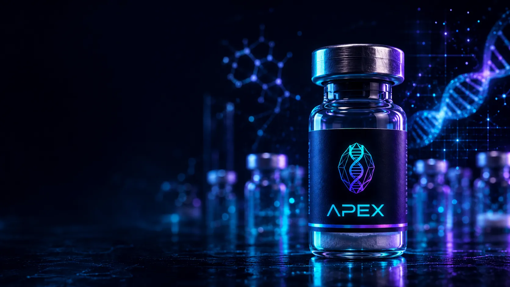 Apex Peptides research vial glowing under holographic cyan and violet light with blurred lab vials and a DNA helix behind it